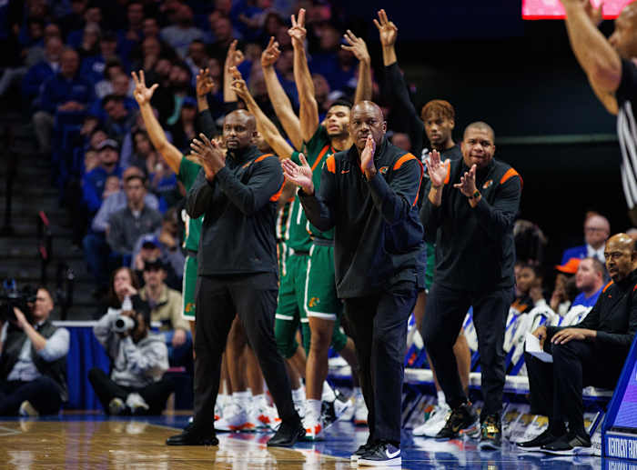 Dec 21, 2022; Lexington, Kentucky, USA; Florida A&M Rattlers head coach Robert McCullum celebrates during the first half against the Kentucky Wildcats at Rupp Arena at Central Bank Center.
